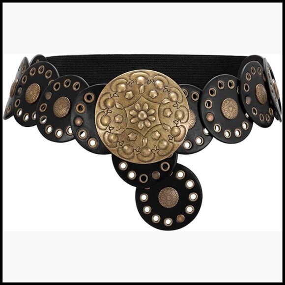 Adjustable Western Belt with Concho Discs, Soft PU Leather, Vintage Wide Design main image 5